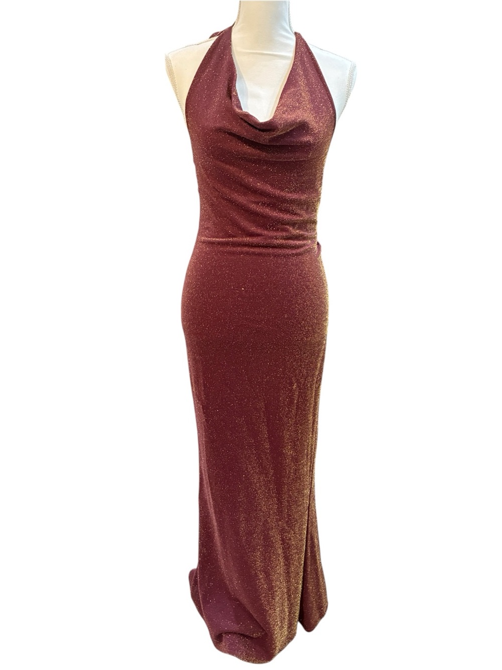 Zara Knitwear Burgundy Metallic Shimmer Halter Maxi Evening Dress Gown Medium